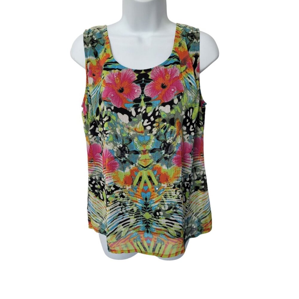 Womens Y2K Top Size M‎ Floral Artsy Sleeveless Lined Flowing Sequin Fairy